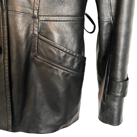 ⭐️ Danier Italian Leather Trench Jacket  Black Lightweight Fur Collar Size XS - Picture 7 of 17